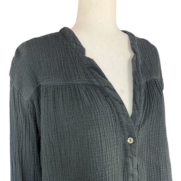 FREE PEOPLE Changing Horizons Boho Gauze Button-Up Popover Top Gray-Green Size L - Picture 2 of 8